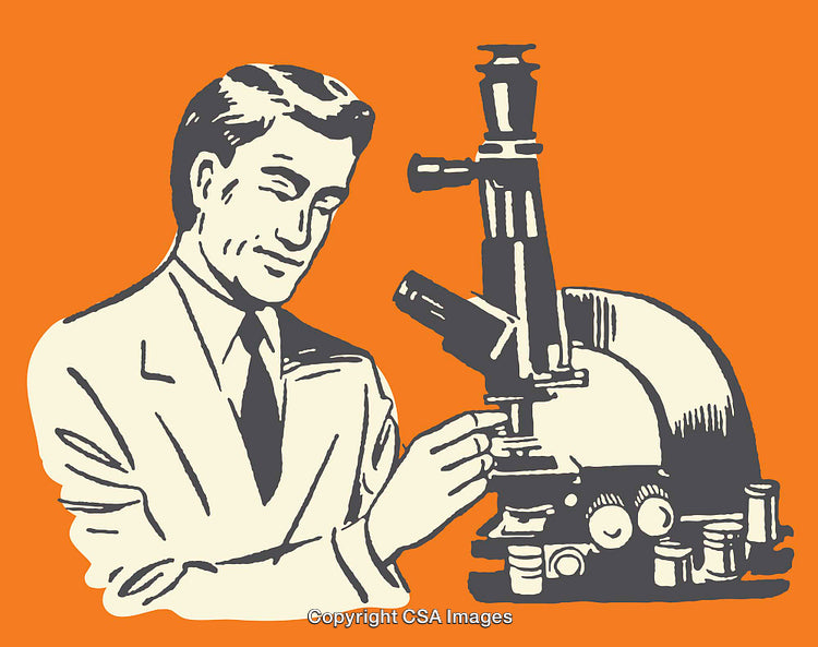 Vintage Scientist Using a Microscope in Retro Line Art Illustration