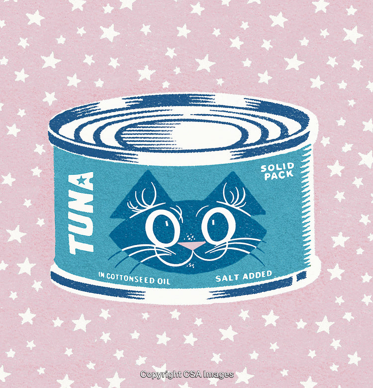 Retro Style Tuna Can With Cat Illustration on Patterned Background