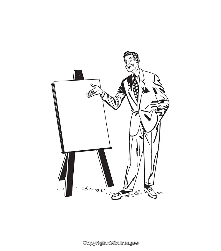 Classic Line Drawing of a Businessman Presenting on an Easel