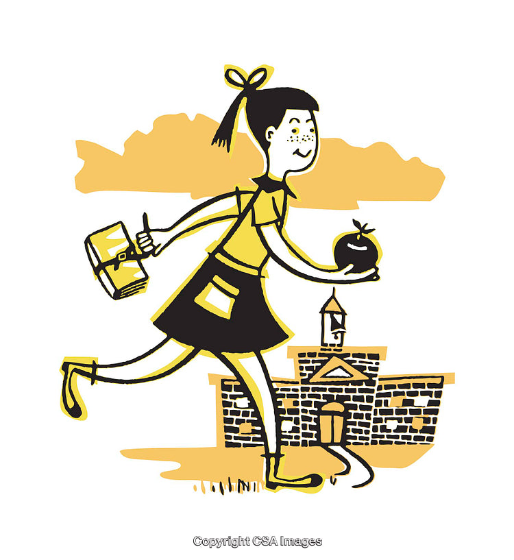 Vintage Illustration of Schoolgirl Carrying Lunch Bag With School Building in Background