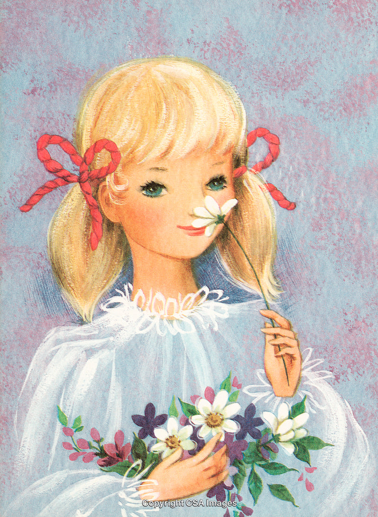 Charming Illustration of Girl Holding Flowers and Wearing Ribbons