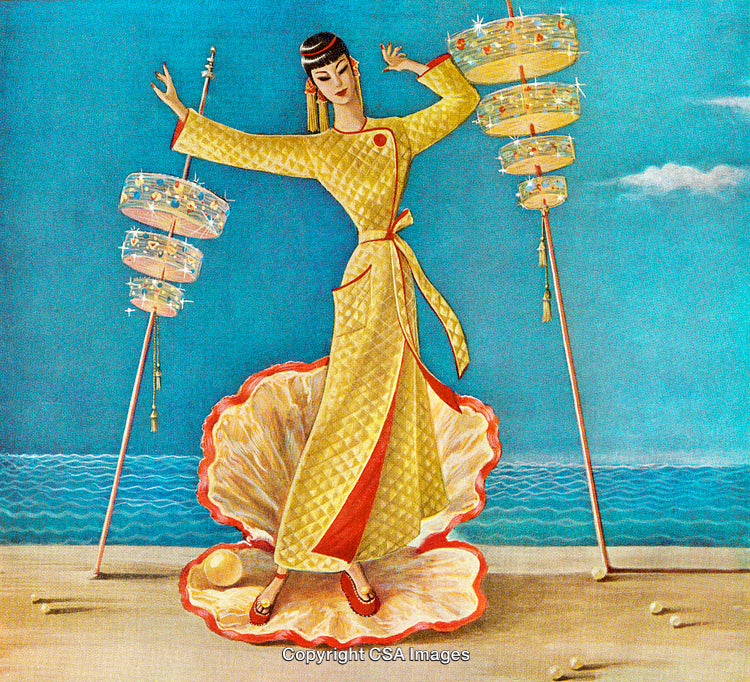 Dancer in Traditional Costume with Vibrant Lanterns and Coastal View