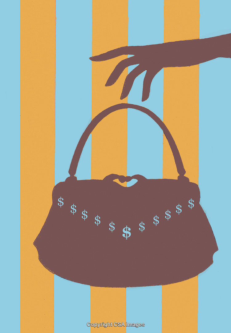 Illustration of a Designer Handbag With Dollar Signs on a Striped Background