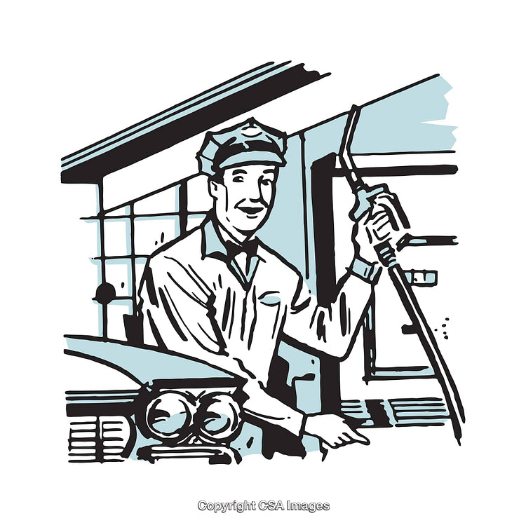 Retro Styled Illustration of a Gas Station Attendant at Work