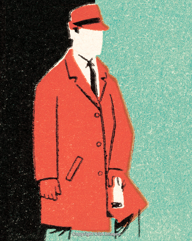 Stylized Illustration of a Person in a Red Coat Holding a Bag