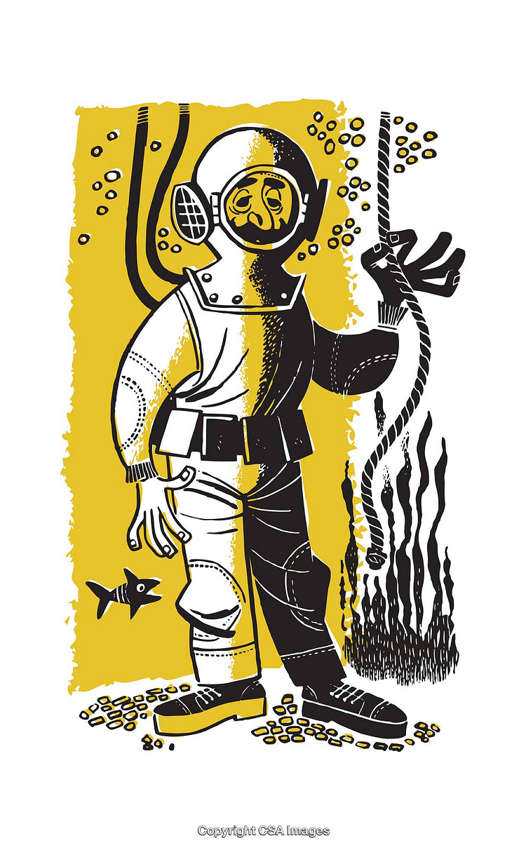 Retro Styled Illustration of a Diver in Vintage Diving Gear