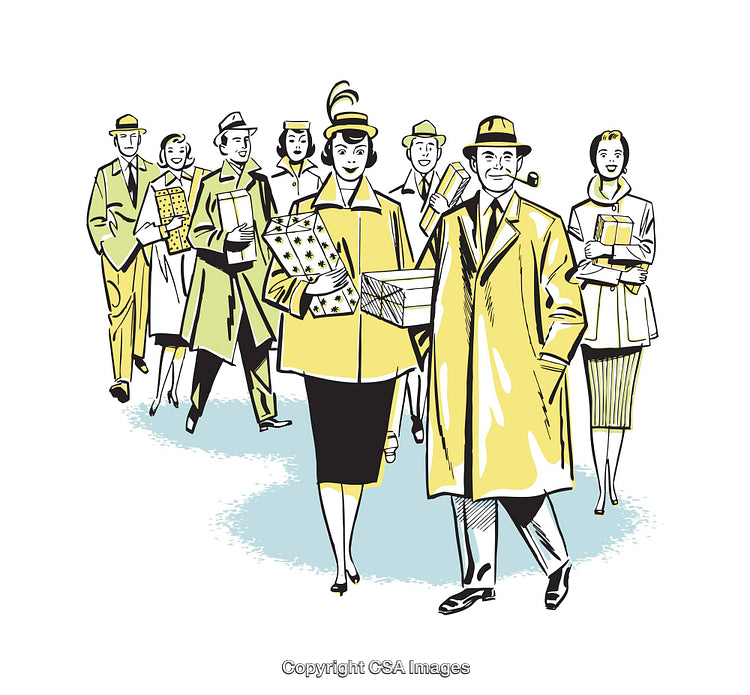Vintage Illustration of People Shopping with Gifts and Full Bags