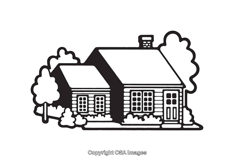 Classic Black and White Line Art Illustration of a Countryside Cottage