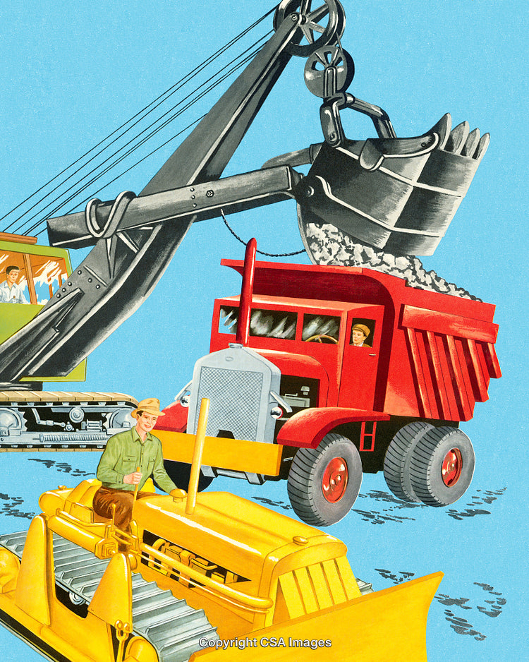 Construction Equipment in Action Featuring Bulldozer, Excavator, and Dump Truck Machinery