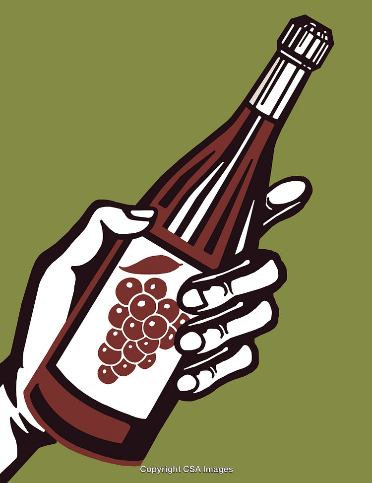 Illustration of a Hand Holding a Wine Bottle on a Green Background