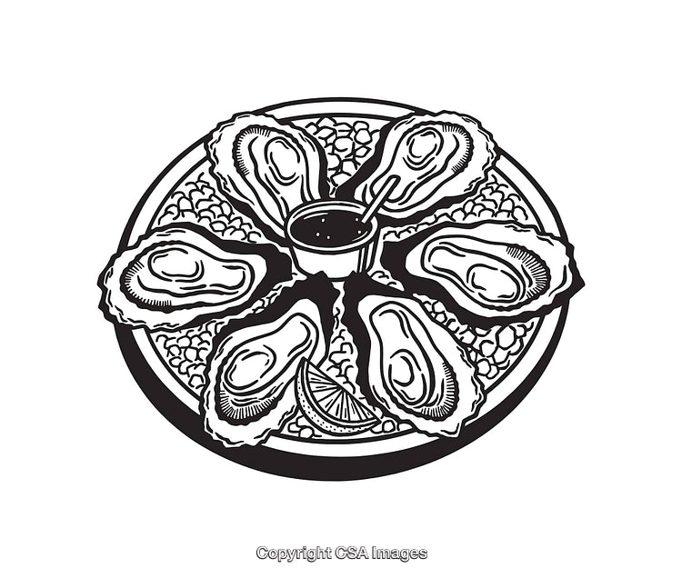 Black and White Illustration of Oysters on Ice With Lemon Garnish