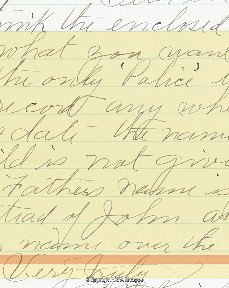 Handwritten Notes on Yellow Lined Paper in Cursive Script