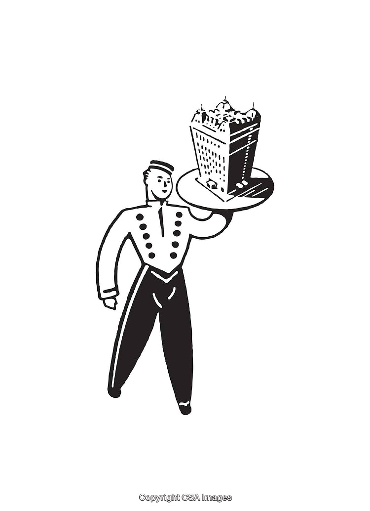 Black and White Drawing of a Waiter Carrying a Building on a Tray