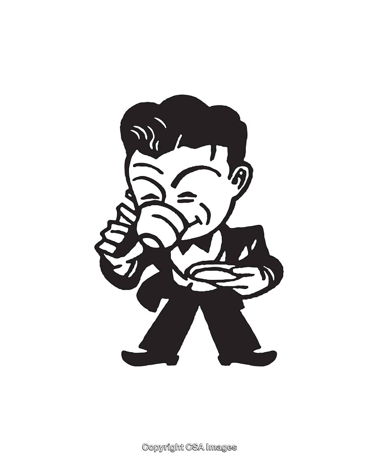 Retro Black and White Illustration of a Man Drinking Coffee