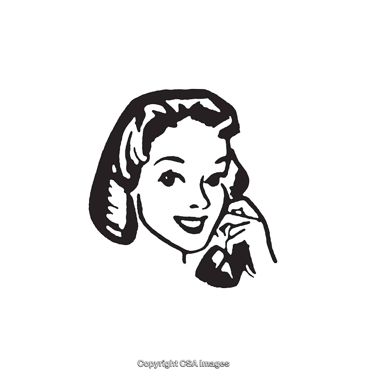 Vintage Style Black and White Illustration of a Smiling Woman on the Phone