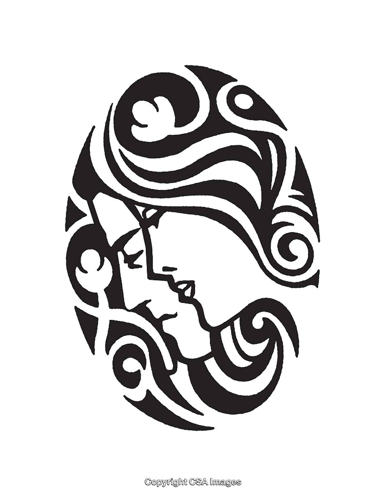 Stylized Black and White Artwork Depicting Abstract Faces and Flowing Lines