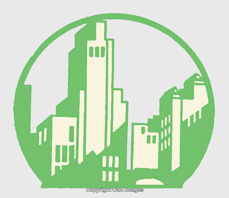 Stylized Green Line Art Illustration of Urban Cityscape in Circle Frame