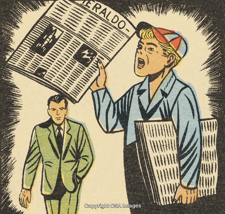 Newsboy Selling Newspapers and Declaring Headlines in a Vintage Cartoon Style