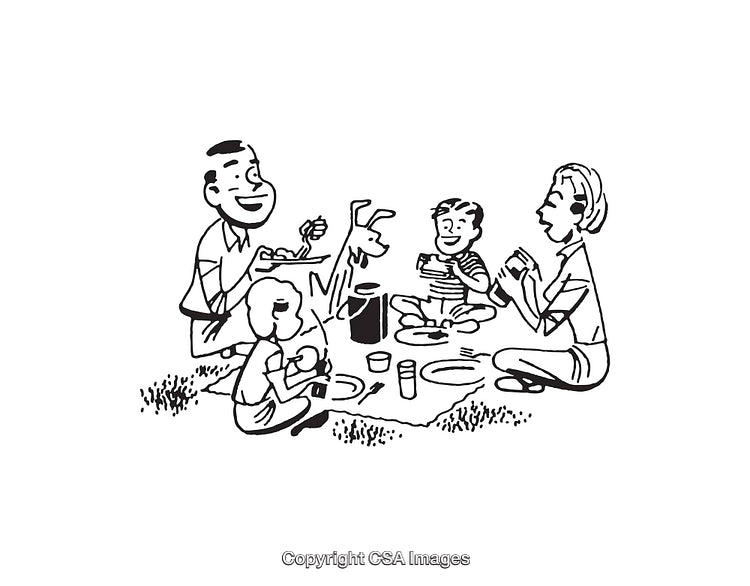Family Enjoying a Picnic Together in Line Art Style Illustration