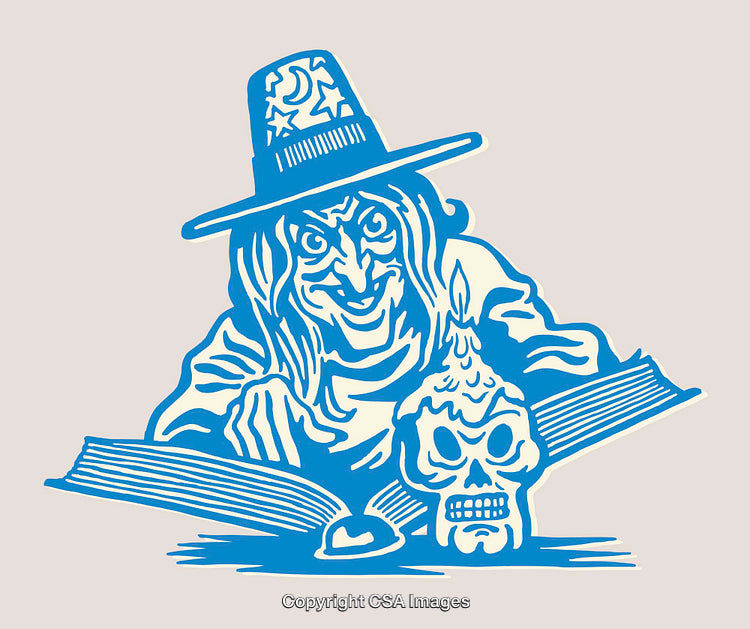 Stylized Illustration of a Witch with a Book and a Skull