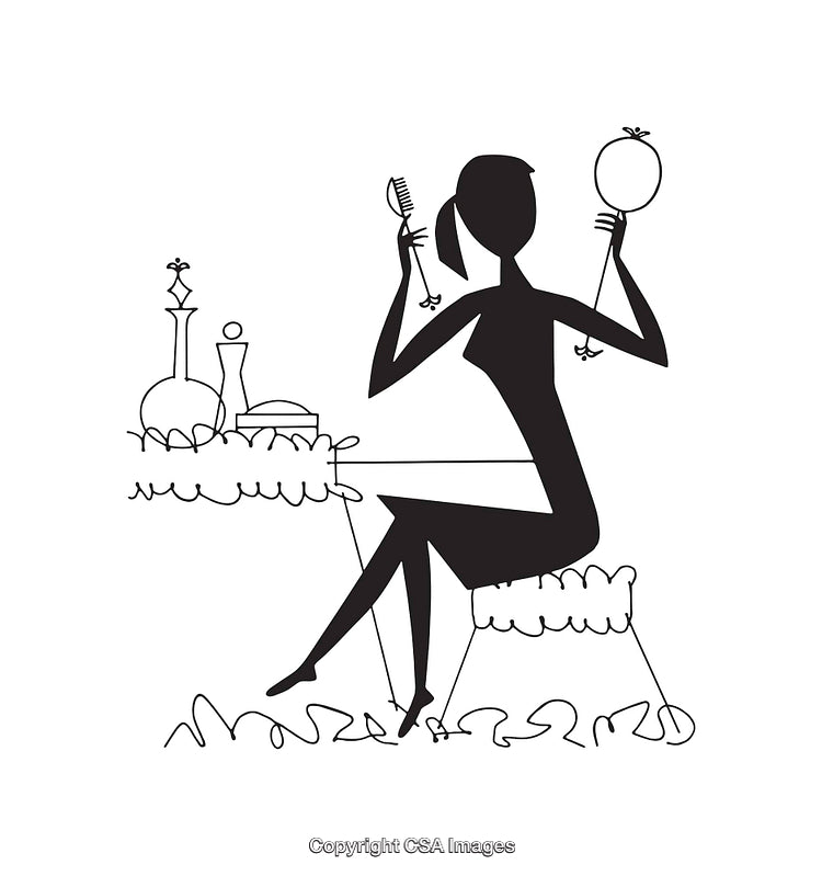Black and White Illustration of Woman Grooming at a Vanity Table