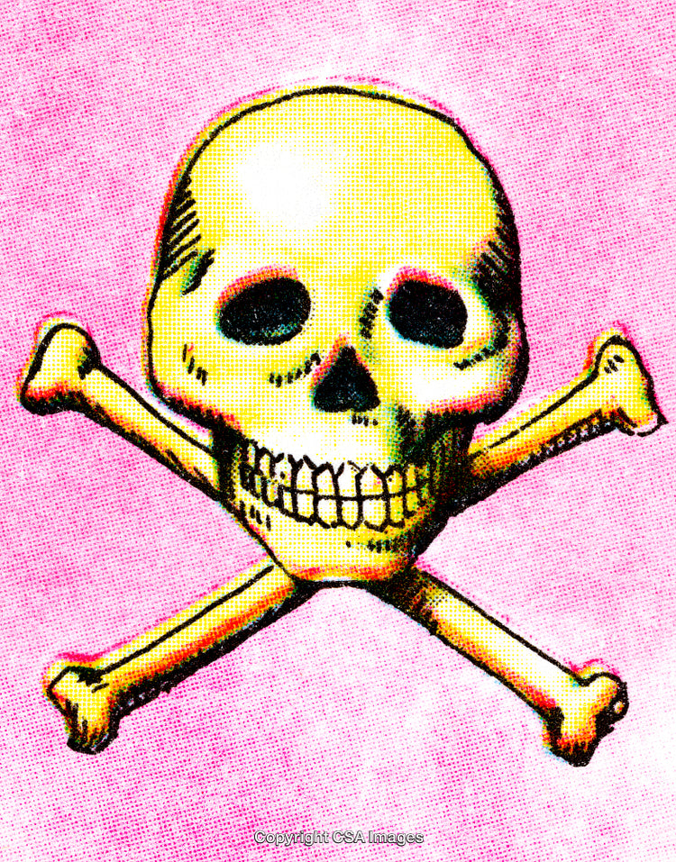 Vivid Illustration of Yellow Skull and Crossbones Icon on Pink Background