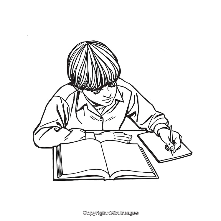 Black and White Line Art of a Child Writing and Studying