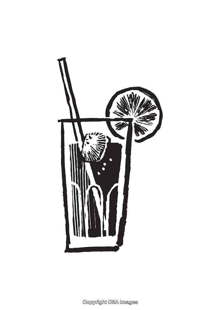 Black and White Line Art of a Refreshing Drink with Citrus Garnish