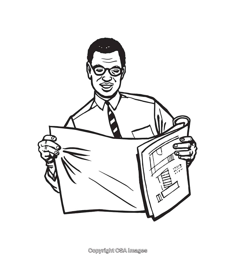 Man Reading Newspaper in Black and White Line Art Illustration