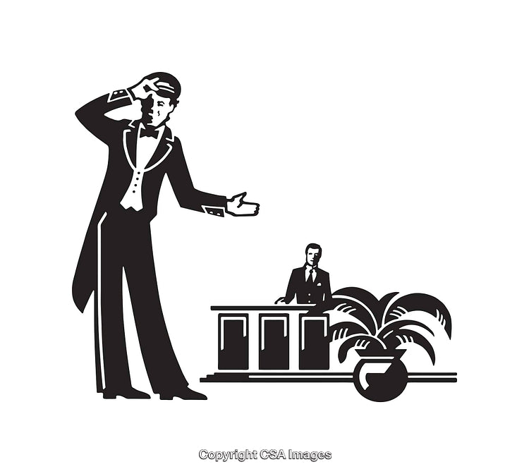 Elegant Scene Depicting a Concierge and Guest Interaction in Black and White