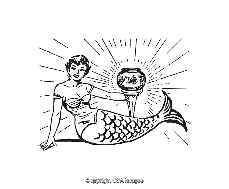 Black and White Line Art of Mermaid with Decorative Fish Bowl