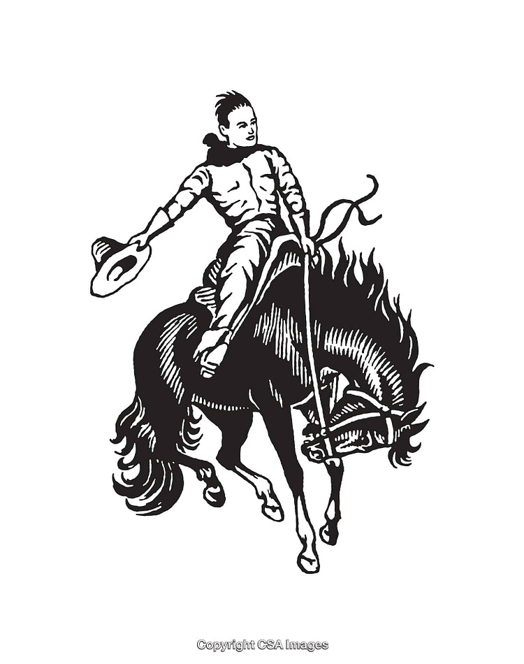 Black and White Illustration of a Cowboy Riding a Bucking Horse