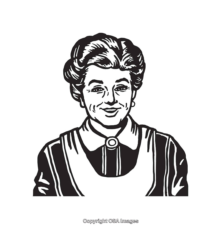 Vintage Line Art Illustration of a Smiling Woman in Period Clothing