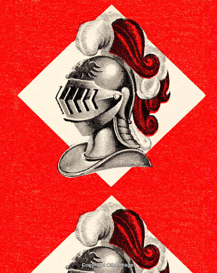 Retro Knight Illustration Featuring Helmets on Red and White Background