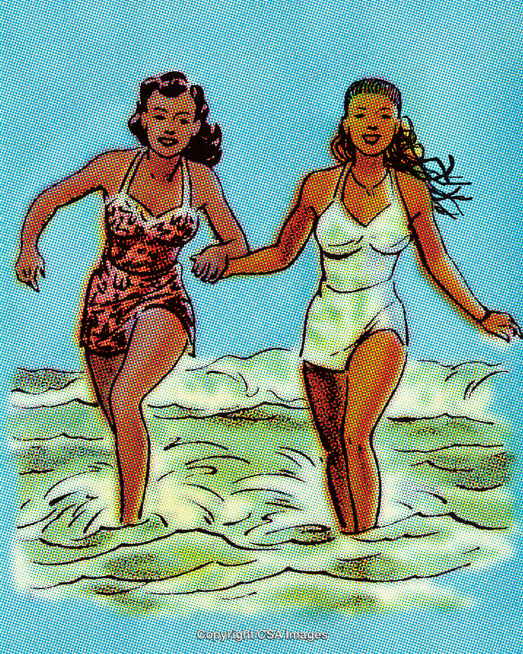 Two Women in Retro Swimwear Joyfully Running Through Ocean Waves
