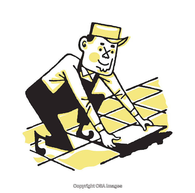 Cartoon Illustration of a Worker Installing Floor Tiles