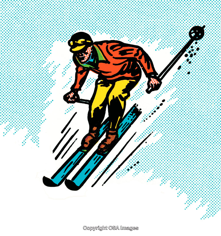 Colorful Retro Illustration of a Downhill Skiing Enthusiast in Action