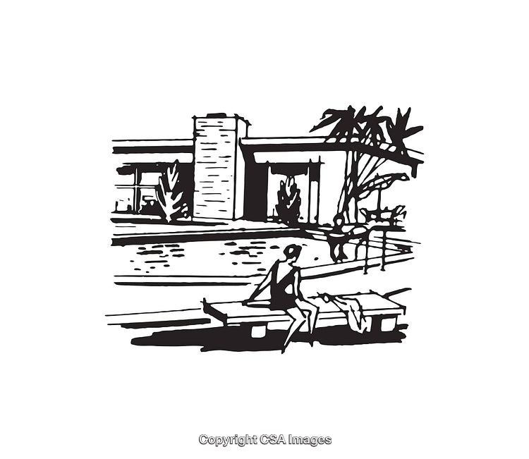 Black and White Illustration of Poolside Scene with Modern Architecture