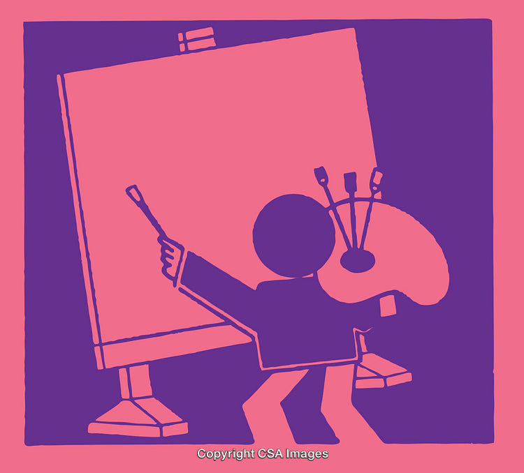 Artist Creating a Painting on Canvas with Vibrant Pink and Purple Colors