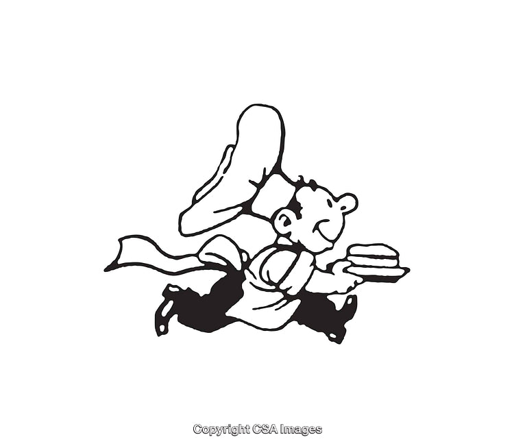 Black and White Line Art of a Running Chef Carrying Food