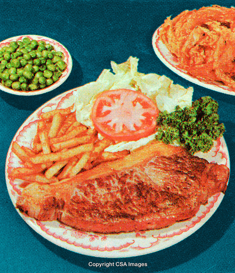 Delicious Steak Dinner with Fries and Vegetables in Vintage Design