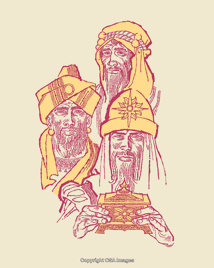 Illustrated Depiction of Three Wise Men Bearing Gifts in Line Art Style