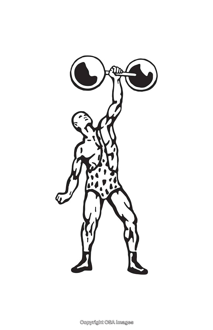 Vintage Strongman Lifting a Dumbbell in Black and White Line Art