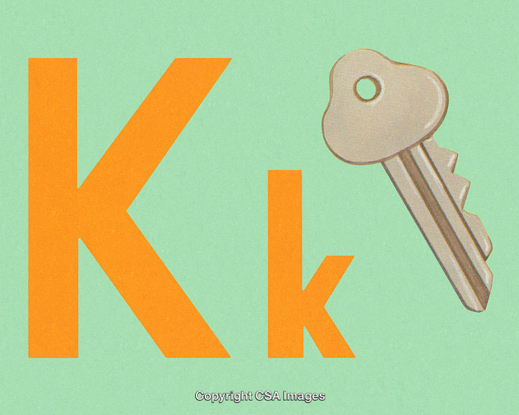 Alphabet Letter K Illustration with a Key on a Green Background