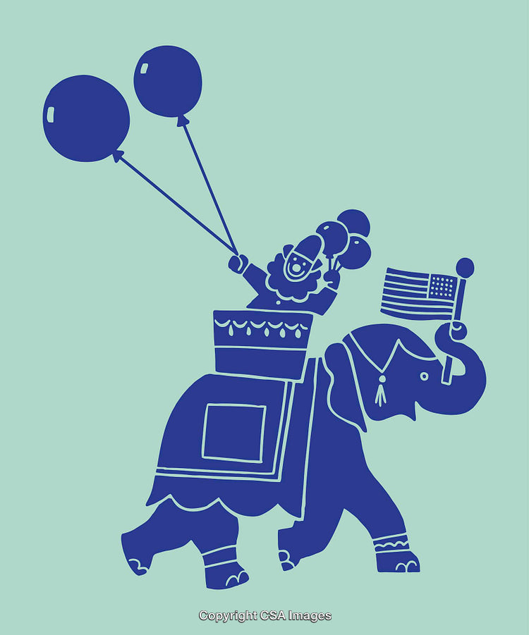 Blue Clown and Elephant Illustration with Balloons and Flag