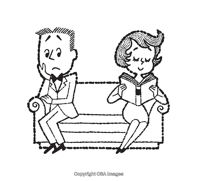 Vintage Line Art Illustration of a Couple Sitting on a Bench