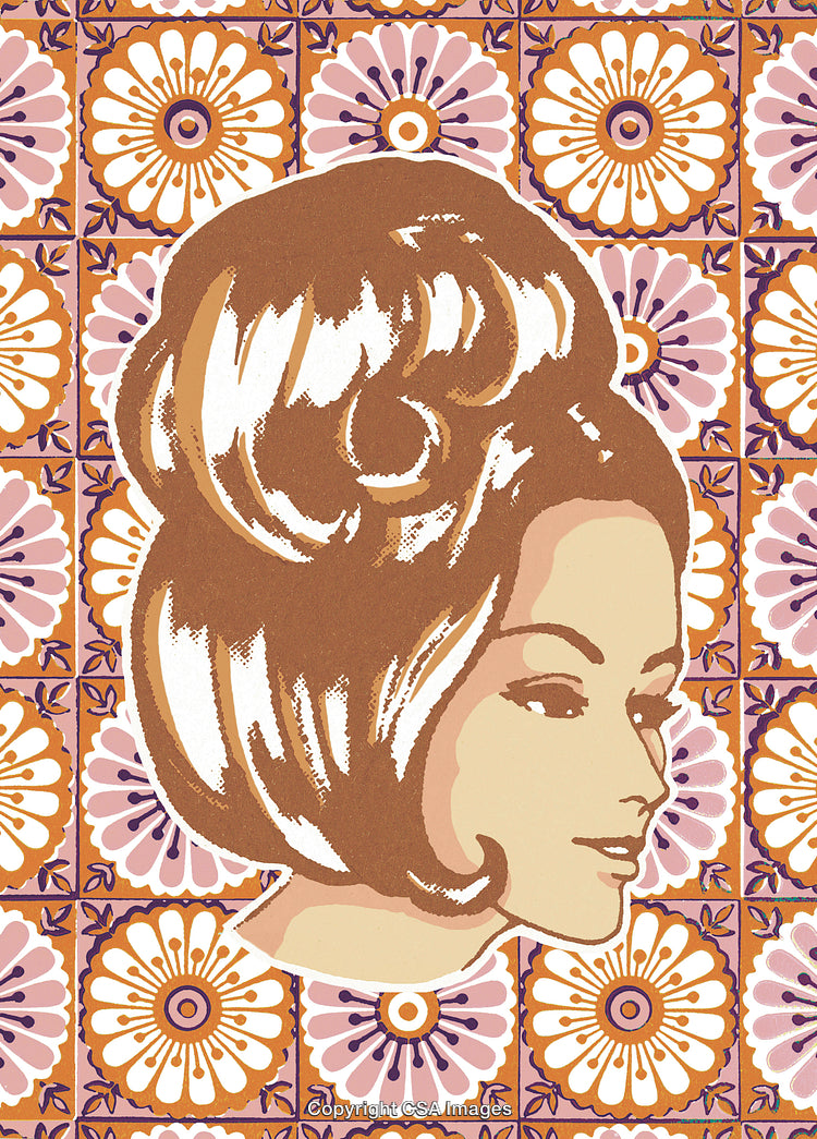 Stylized Illustration of a Retro Woman Over Colorful Floral Pattern