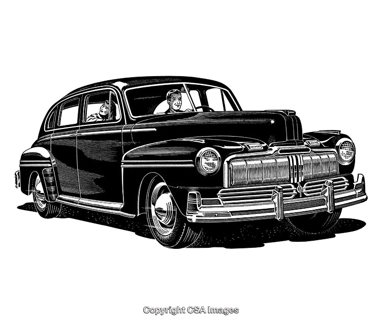 Vintage Black and White Engraving of a Classic Automobile with Passengers
