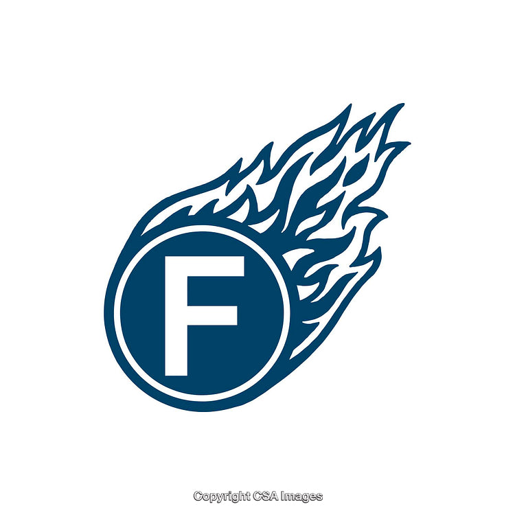 Flaming Letter F Inside Blue Circular Design on White Background