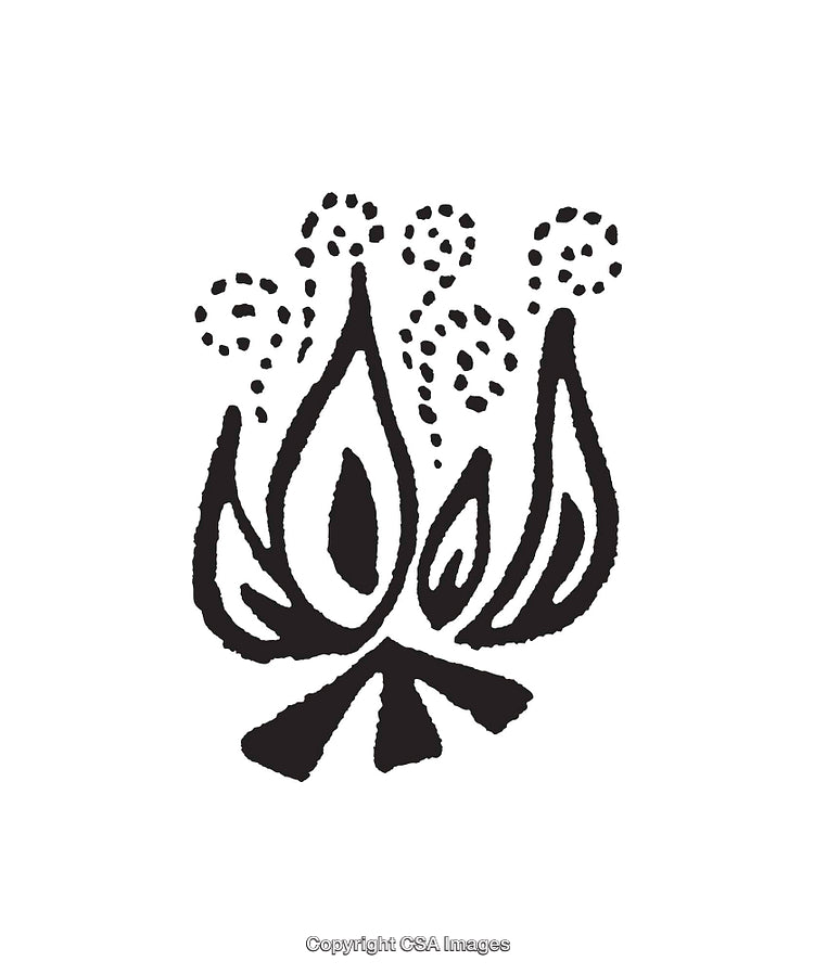 Stylized Black and White Line Art Depicting a Decorative Flame Motif